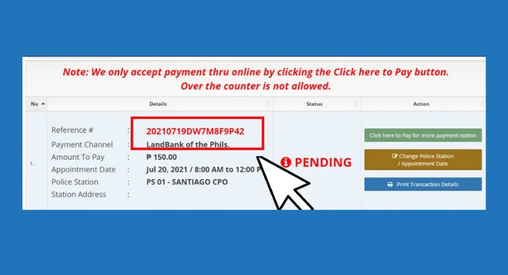 Online Appointment 8 Police clearance payment reference number