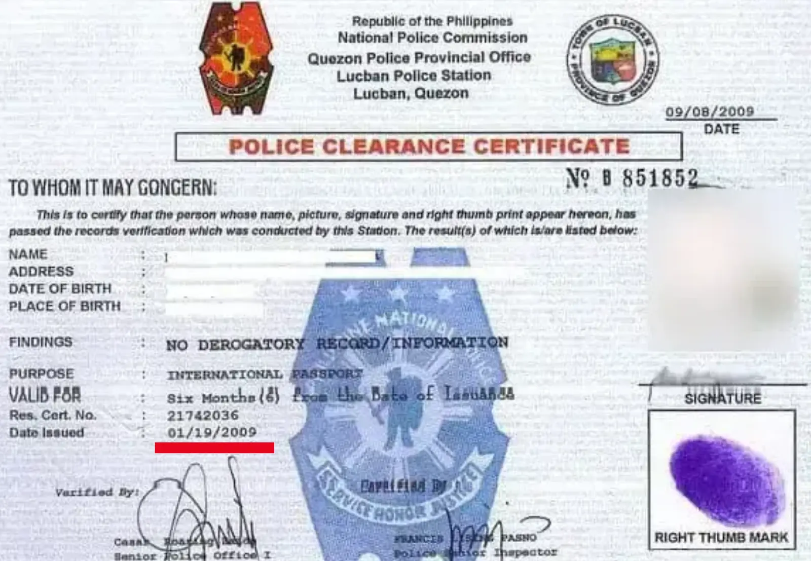 police clearance validity period