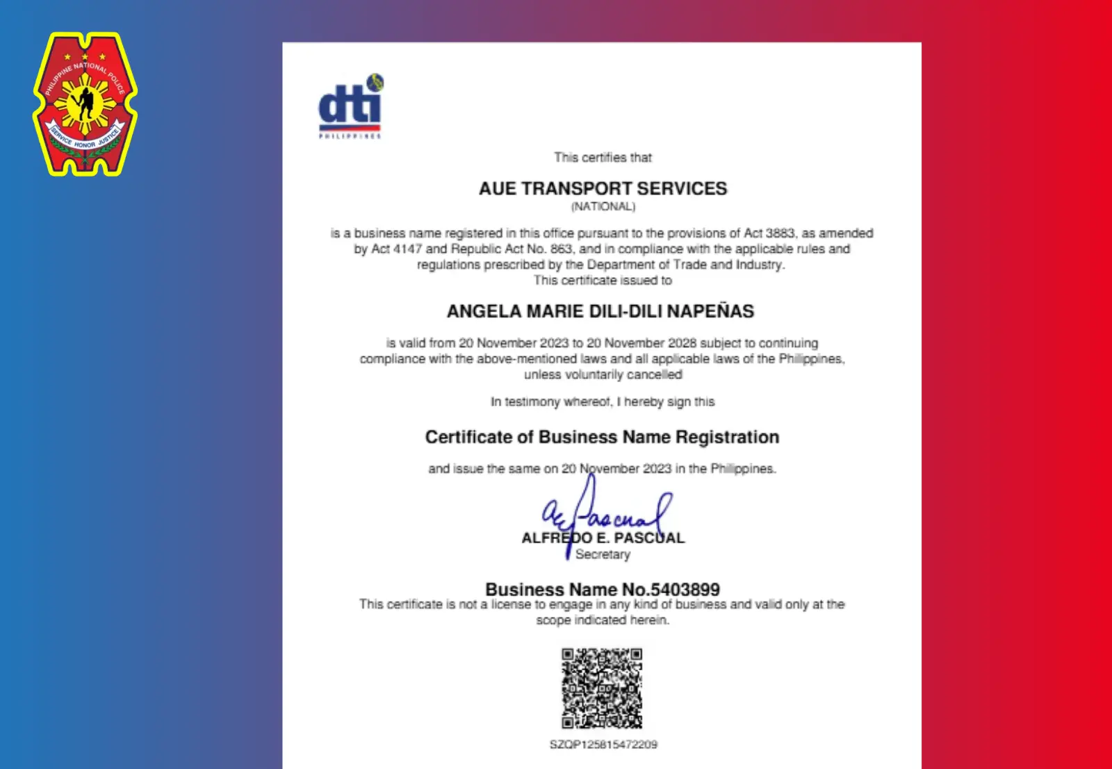 DTI Certificate Sample